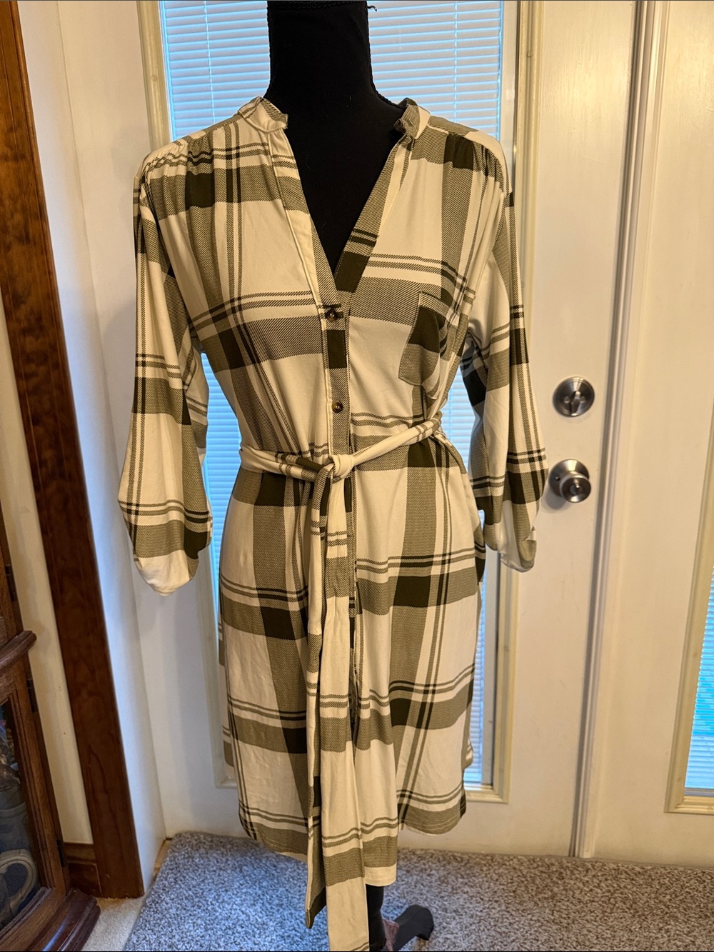 Wishful Park Plaid Midi Shirt Dress in Cream and Olive